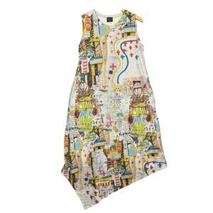 Inoah Sleeveless Asymmetrical Dress S Gray Art Print Colorful Tunic Made In USA